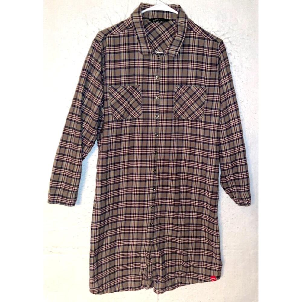 Woolrich Flannel Shirt Flannel Dress Plaid Womens L XL Pockets Shale 100% Cotton